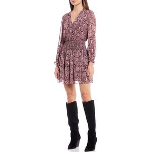 1. State V Neck Smocked Tiered Ruffle Mini Dress in Pink Snakeskin